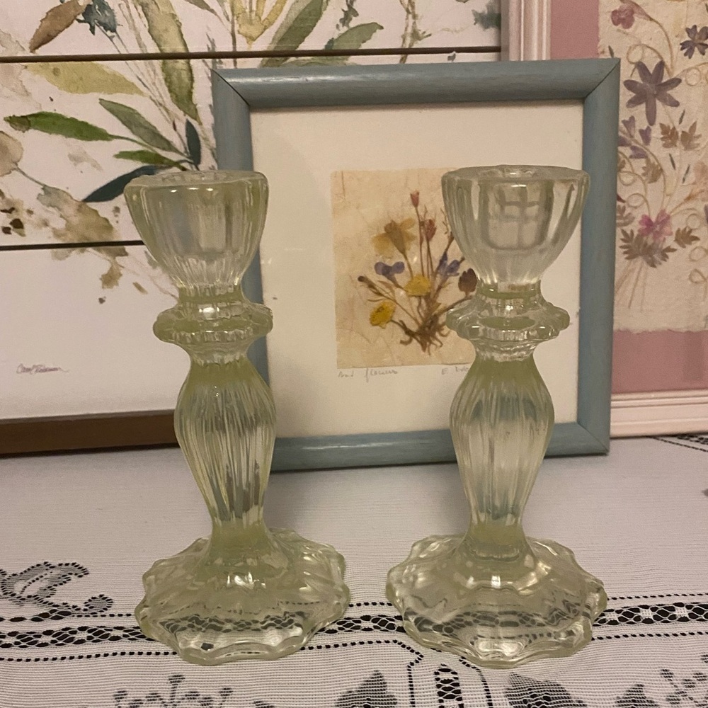 *EUC* Retro Heavy Glass Candle Holders - Soft Clear Yellow